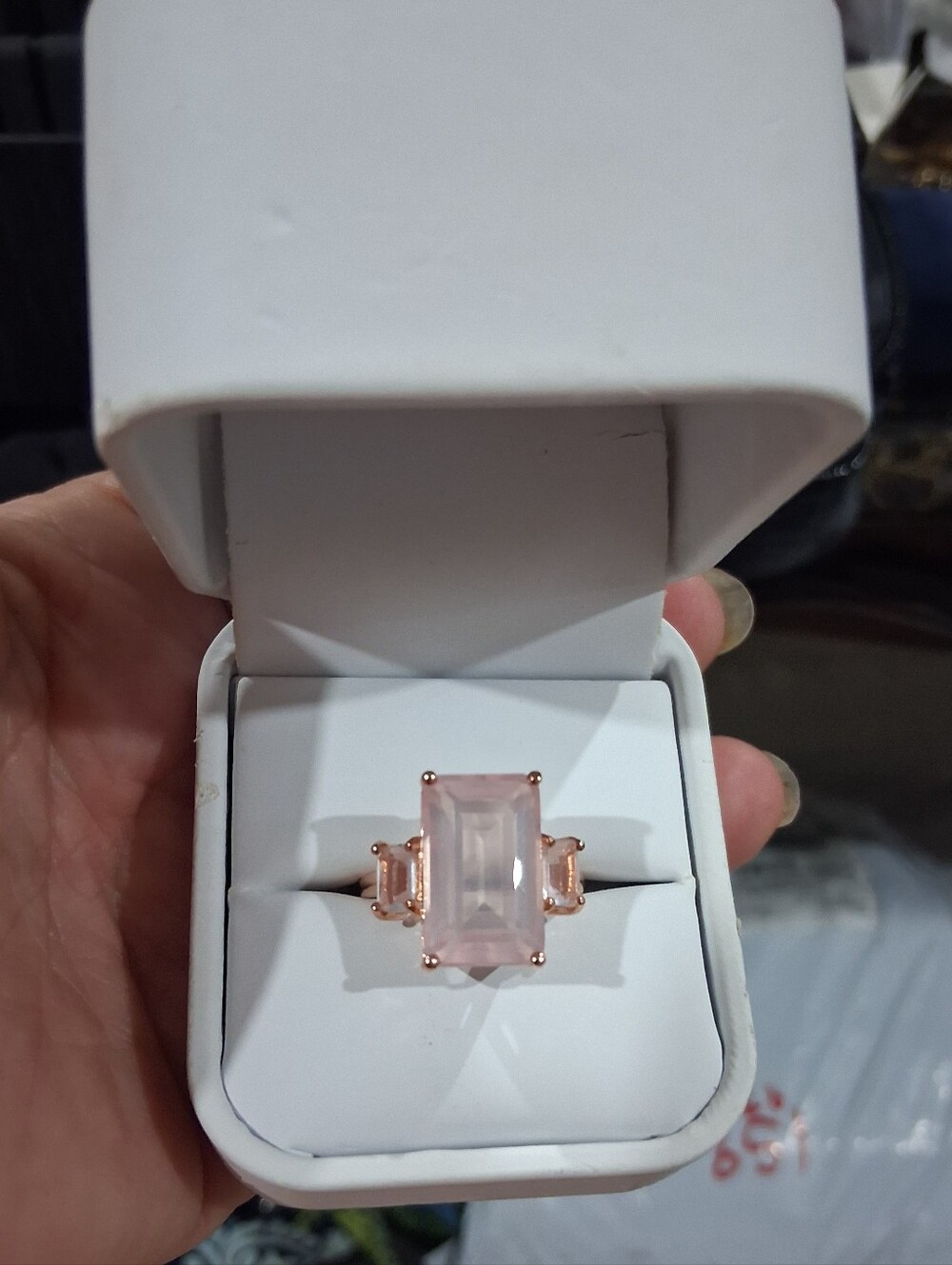 18Kt Rose Gold over Sterling Silver 5+Carat Emerald Cut Rose Quartz CocktailRing